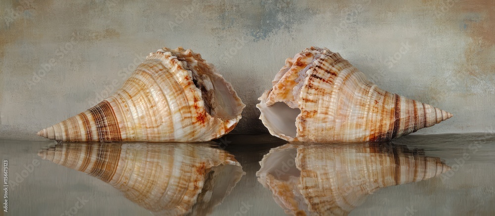 Poster Twin seashells displayed elegantly on a reflective surface with textured background showcasing nature's beauty and beach treasures.