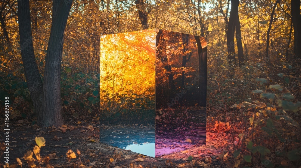 Poster Trichroic prism reflecting autumn colors in a serene forest setting showcasing light manipulation and nature's beauty