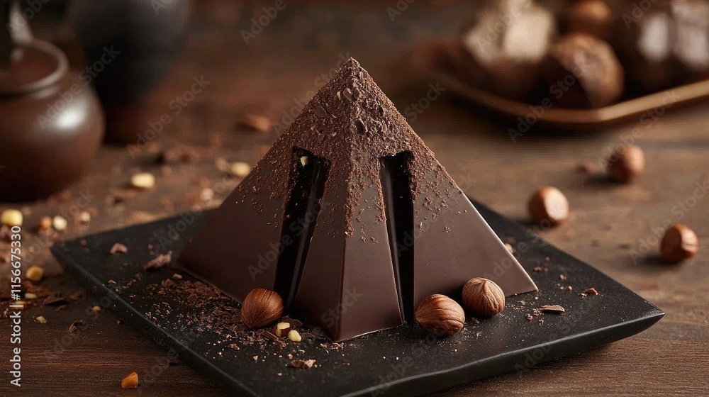 Aufkleber Triangle shaped dark chocolate dessert with hazelnuts on a rustic wooden table with scattered nuts and decorative pottery elements.