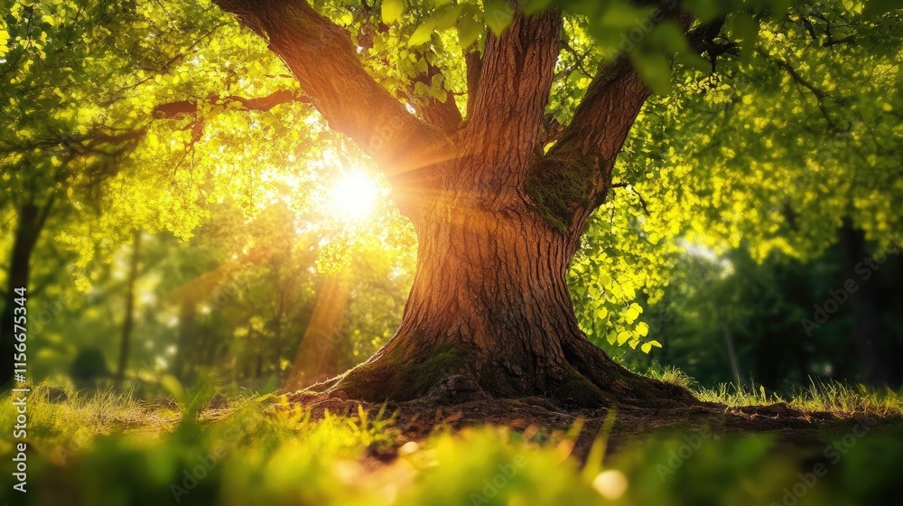 Poster majestic tree trunk with sunlight filtering through lush green foliage in a serene nature background