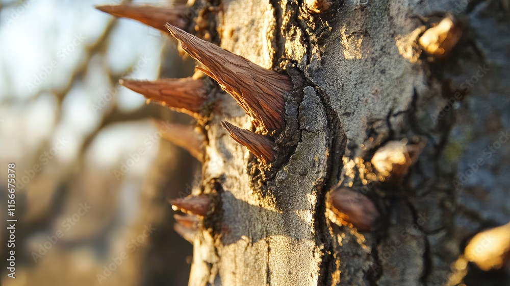 Poster unique characteristics of tree bark with sharp spikes showcasing nature's beauty and diversity in a 