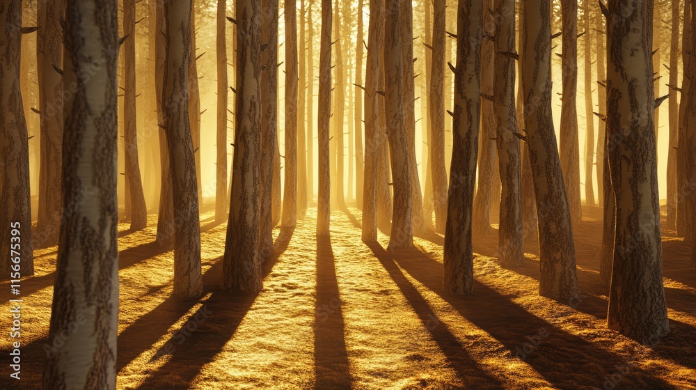 Aufkleber Sunlit forest scene with tall tree trunks casting long shadows on the ground during a serene golden hour ambiance.
