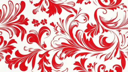 Red Floral Damask Pattern, Ornate Swirls Background