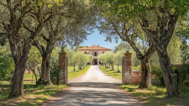 Scenic tree lined driveway welcoming visitors to a charming countryside villa surrounded by lush greenery and serene landscapes