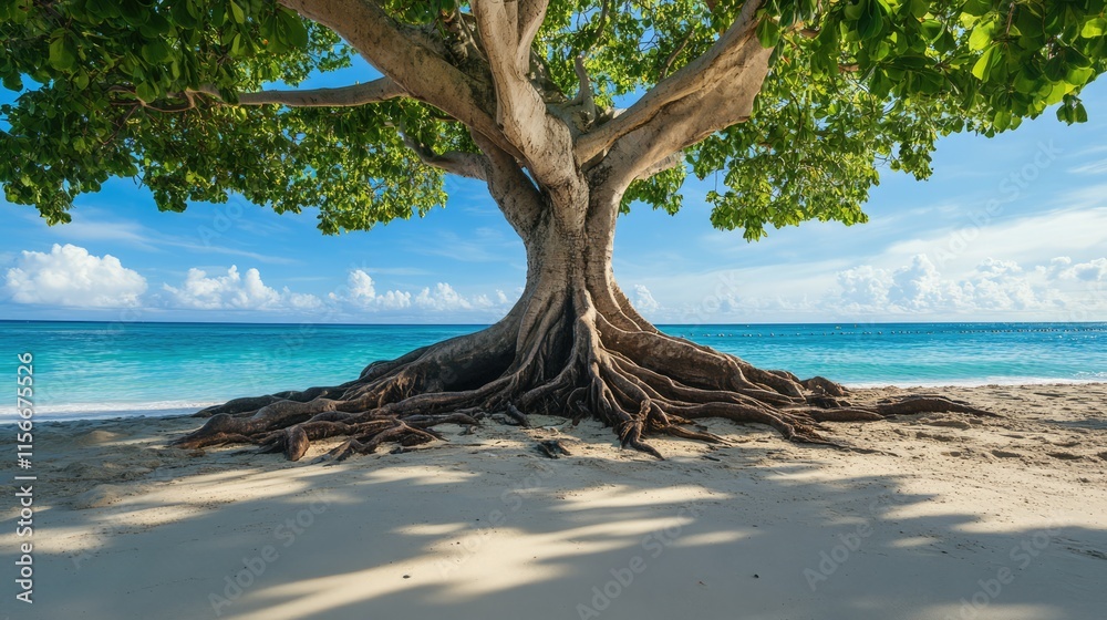 Aufkleber majestic tree with exposed roots stands on a serene beach under a blue sky by the peaceful ocean wav