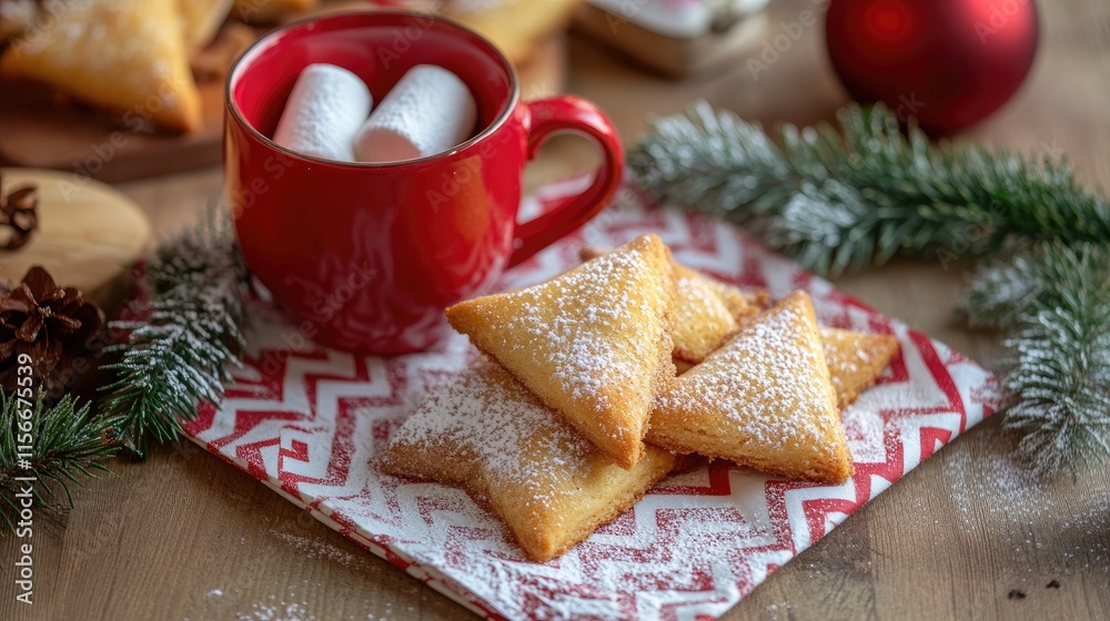 Poster triangular cookies dusted with powdered sugar beside a red mug with marshmallows and holiday decorat
