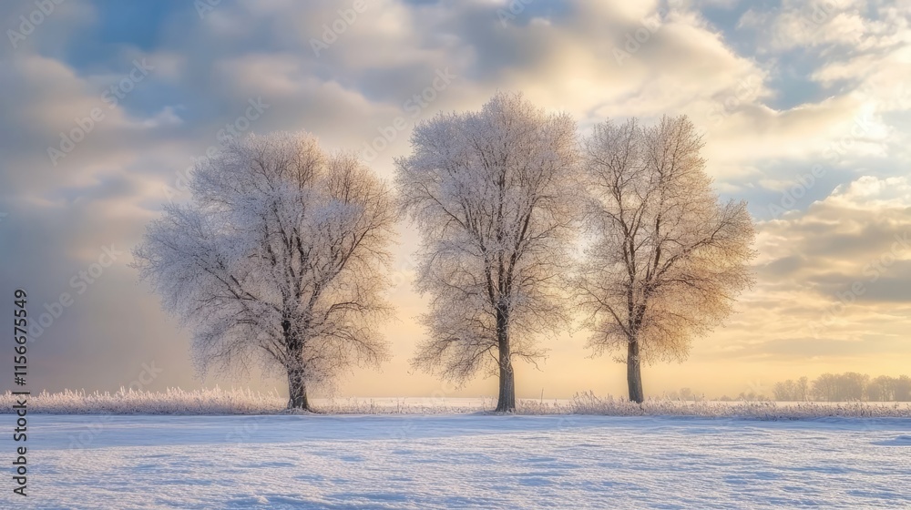 Poster winter landscape with frosted trees under a dramatic cloudy sky illuminated by soft sunlight and ser