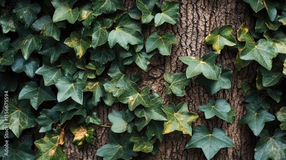 Poster tree trunk enveloped in vibrant green ivy leaves showcasing nature's beauty and texture in a high-qu