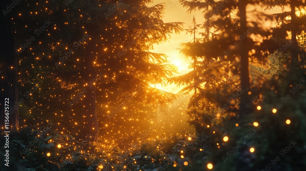 Poster enchanting forest scene at sunset with warm light filtering through trees and sparkling fireflies cr