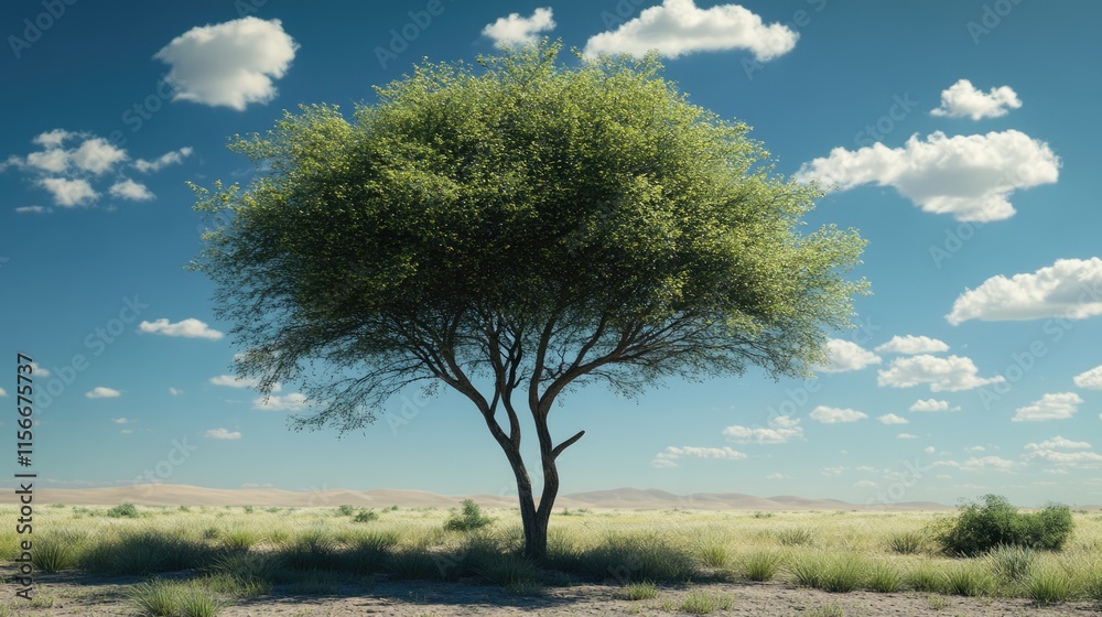 Poster lone tree under a vibrant blue sky with clouds in a serene natural landscape setting