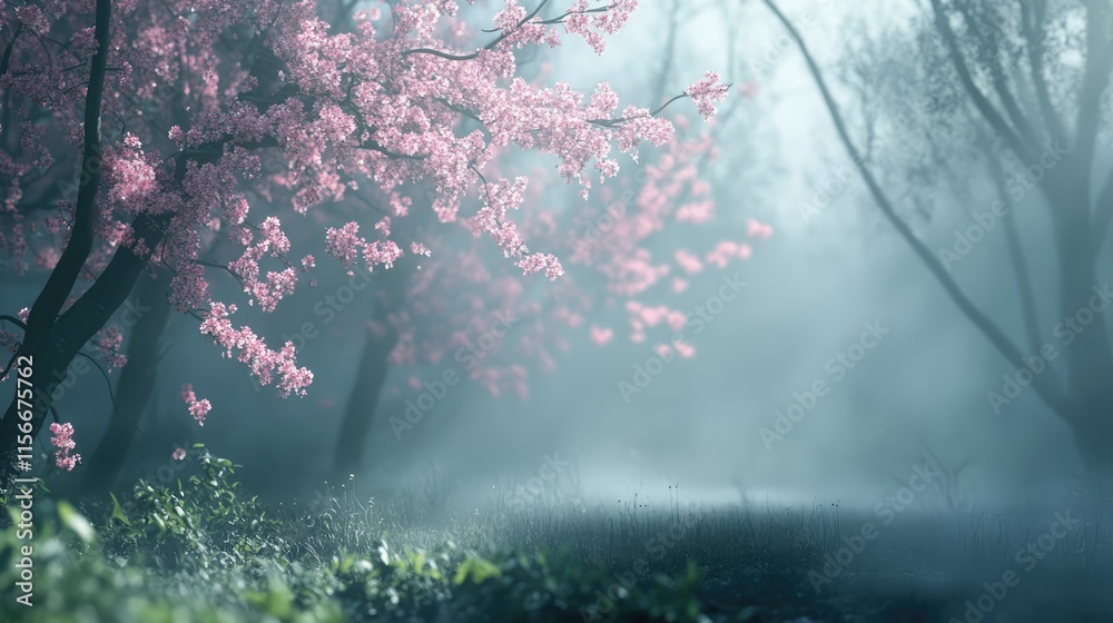 Poster Serene landscape with blooming cherry trees in soft misty light creating a tranquil spring atmosphere in nature.