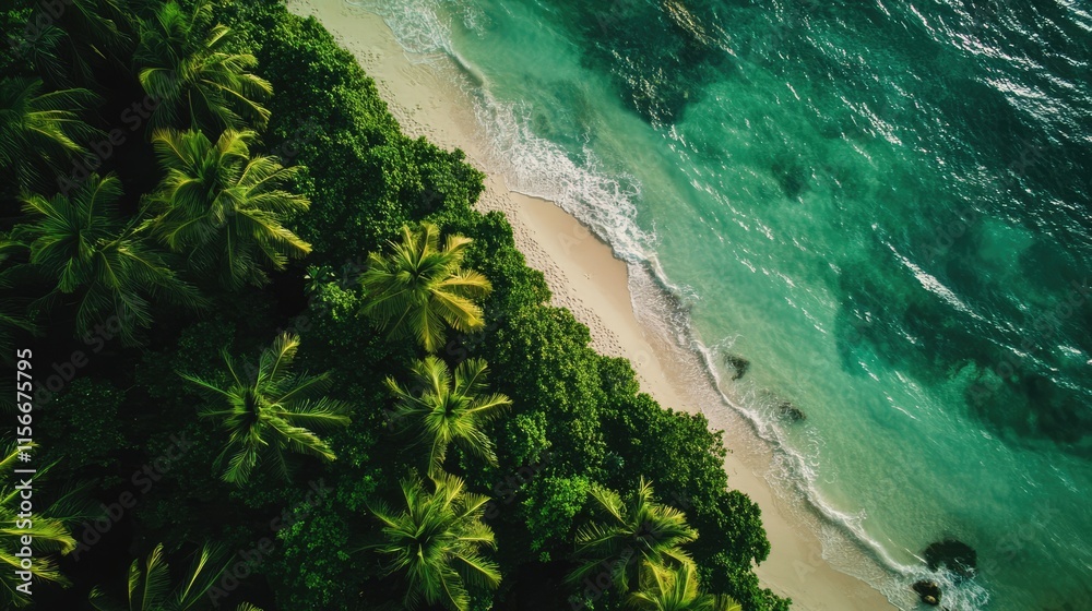 Aufkleber aerial view of a serene tropical beach with lush green palm trees and clear turquoise waters in a pe