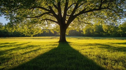 Obraz premium Majestic tree casting a long shadow over a sunlit grassy field during golden hour