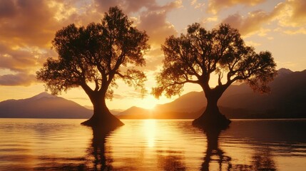Serene sunset over a lake with tree silhouettes reflecting on calm waters and distant mountains creating a tranquil natural scene