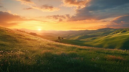 Fototapeta premium Tuscany spring landscape with rolling hills and vibrant sunset sky showcasing the beauty of nature in warm evening light