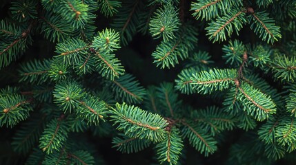 Close-up of lush spruce tree foliage showcasing intricate needle textures and vibrant green tones on a dark background.