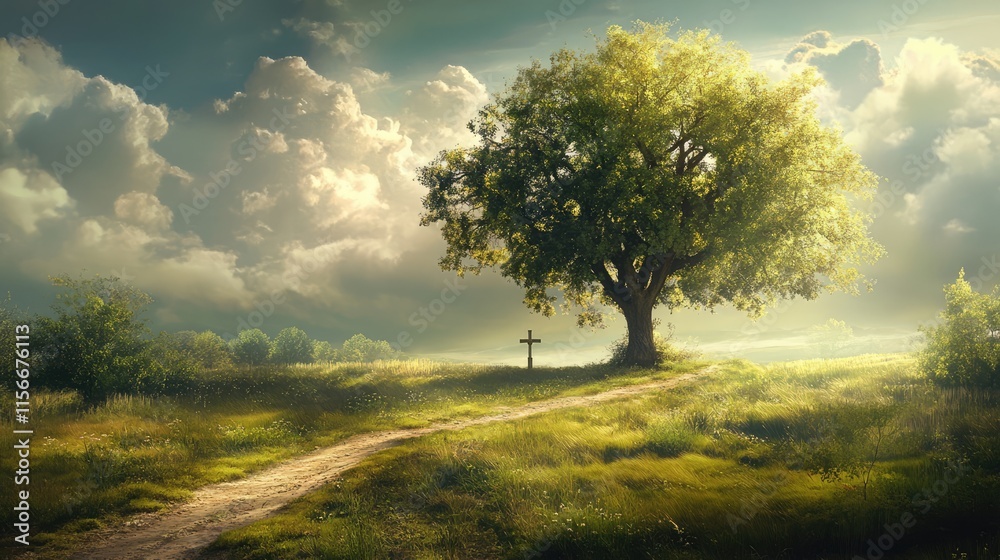 Poster solitary tree by a tranquil path with a field cross under a serene sky and dramatic clouds during go