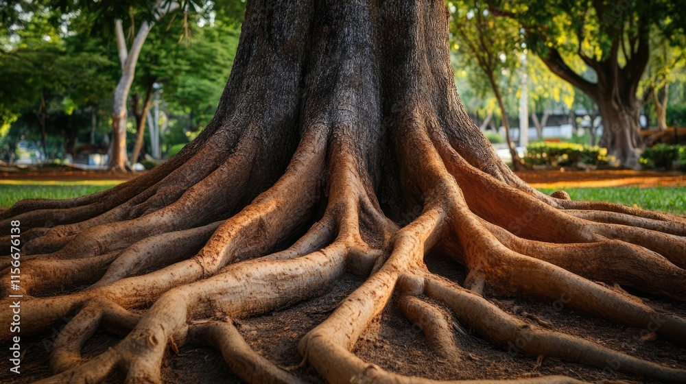 Poster close-up view of intricate tree roots in a serene park setting showcasing nature's beauty and textur