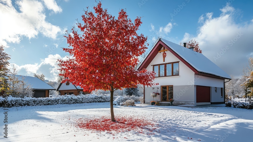 Poster autumn scene featuring a vibrant red-leafed tree surrounded by snow with a picturesque house in the 