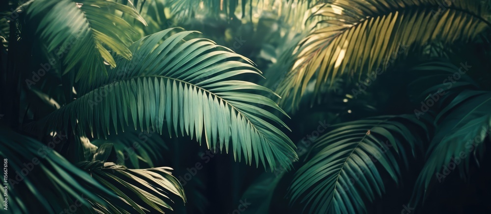 Poster lush tropical leaves creating a vibrant backdrop for summer-themed projects or designs in a serene n
