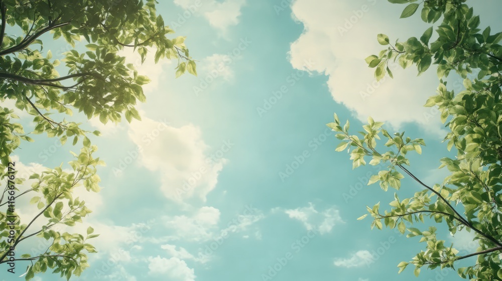 Poster Lush tree branches framing a serene blue sky with fluffy clouds illuminated by soft sunlight in a tranquil natural setting