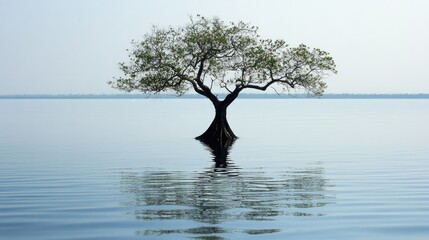 Lonely tree rising from calm waters with serene reflections under a clear sky showcasing nature's tranquility and beauty