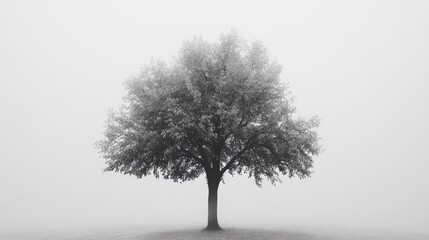Solitary tree in foggy landscape creating a serene and tranquil atmosphere in black and white photography
