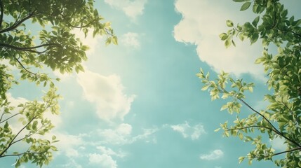 Obraz premium Lush tree branches framing a serene blue sky with fluffy clouds illuminated by soft sunlight in a tranquil natural setting