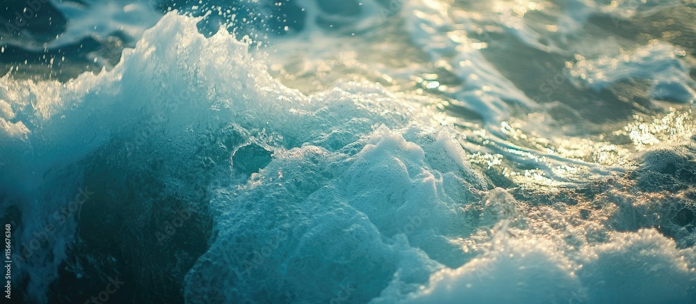 Poster turquoise sea waves illuminated by sunset light creating a serene and tranquil ocean atmosphere