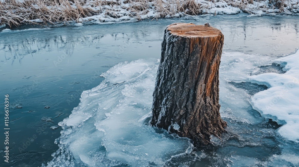 Aufkleber tree trunk standing in a frozen river surrounded by ice and winter scenery showcasing nature's beaut