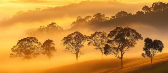 Fototapeta premium Misty morning landscape with silhouettes of trees glowing in a golden sunrise over rolling hills