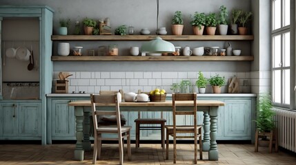 Cozy and Inviting Farmhouse Style Kitchen Featuring Distressed Wood Finishes Vintage Decor Elements and a Charming Country Inspired Table Setting