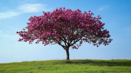 Naklejka premium Vibrant pink blossom tree against a clear blue sky on a green hill capturing serene nature beauty and springtime essence