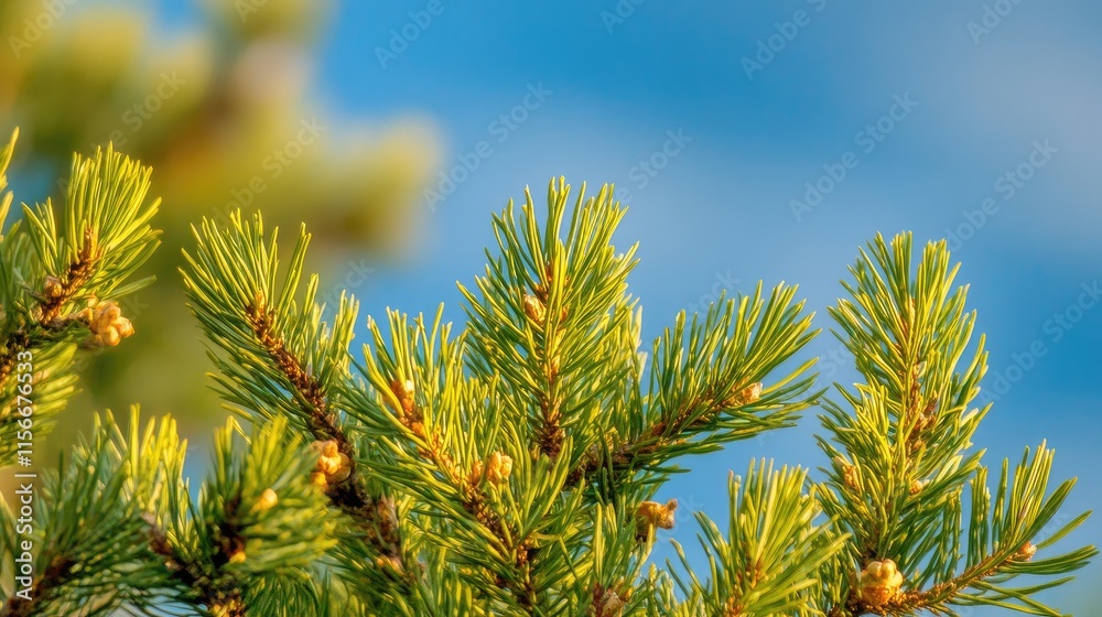 Poster close-up view of pine tree branches against a blurred blue sky background showcasing vibrant green n