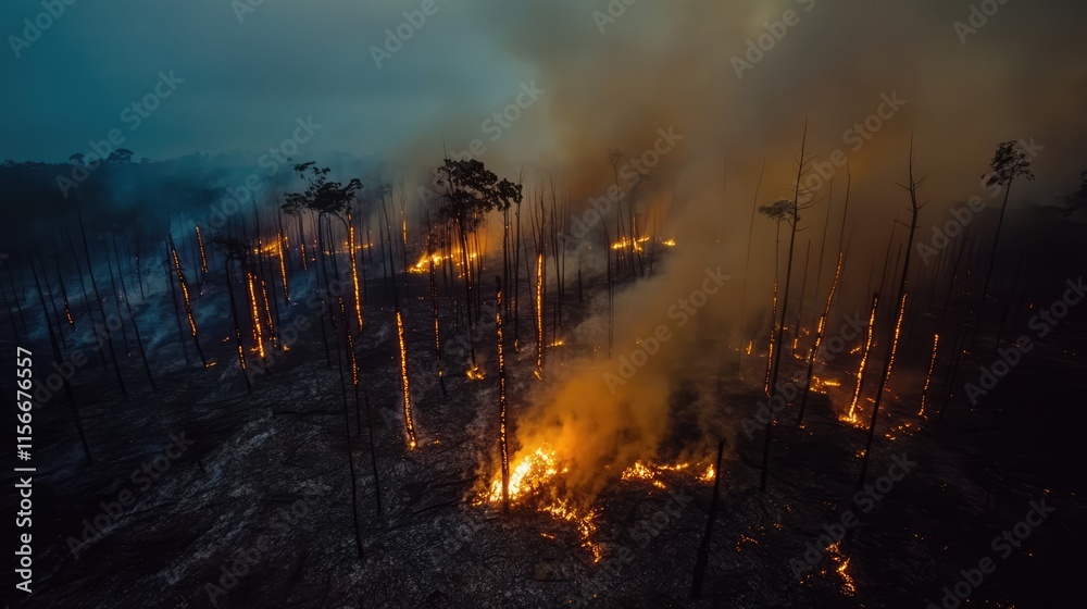 Aufkleber forest fire aftermath with burned trees marked for removal showcasing ecological impact and recovery