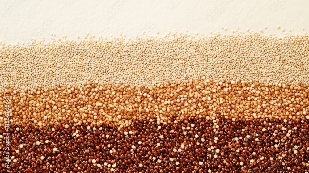 Poster Tri-color quinoa seeds blend arranged in a row showcasing diverse colors and textures on a neutral background for culinary or nutritional use.