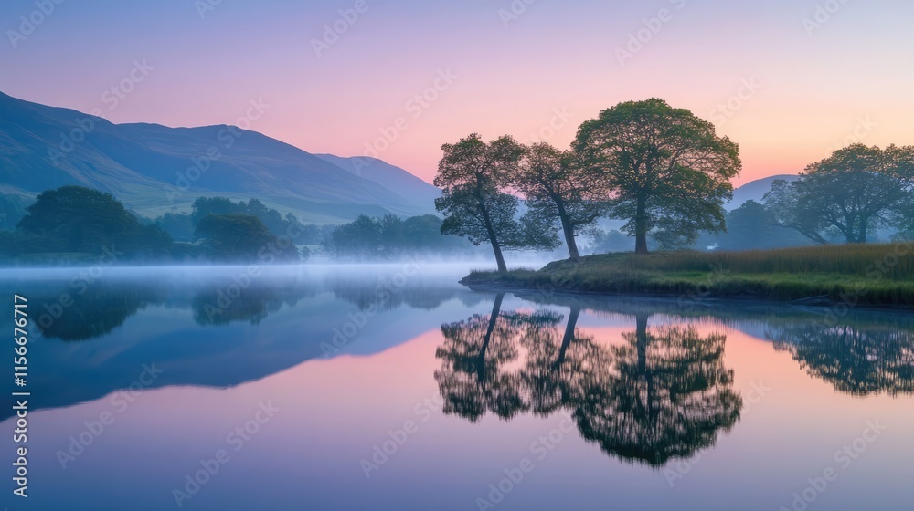 Aufkleber serene dawn landscape with trees reflected in calm lake water surrounded by mist and mountains in th