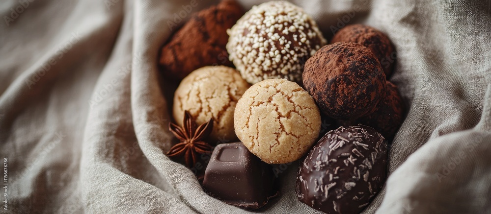 Poster Delicious assortment of truffle anise and chocolate cookies arranged on a soft linen backdrop for a cozy food aesthetic