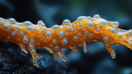 Close-up of orange organism with white nodules, textured surface, dark background.