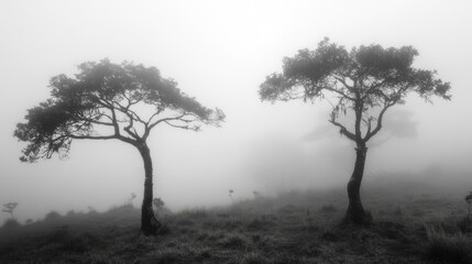 Mysterious fog enveloping silhouette trees in tranquil landscape creating a serene atmosphere in monochrome tones