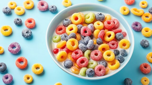 Colorful cereal rings with milk in a bowl surrounded by vibrant fruity loops on a bright blue background with ample copy space