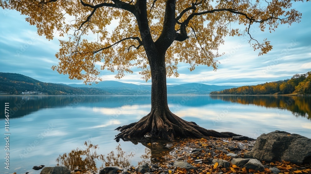 Poster majestic tree with exposed roots reflecting in a tranquil lake surrounded by autumn foliage and sere