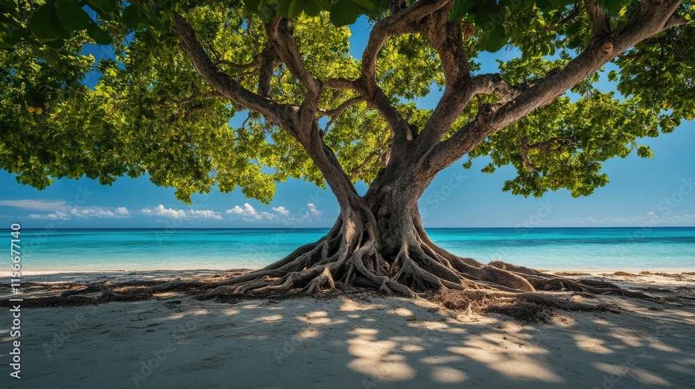Aufkleber tree with exposed roots on a tranquil beach creating a serene coastal landscape under a clear blue s