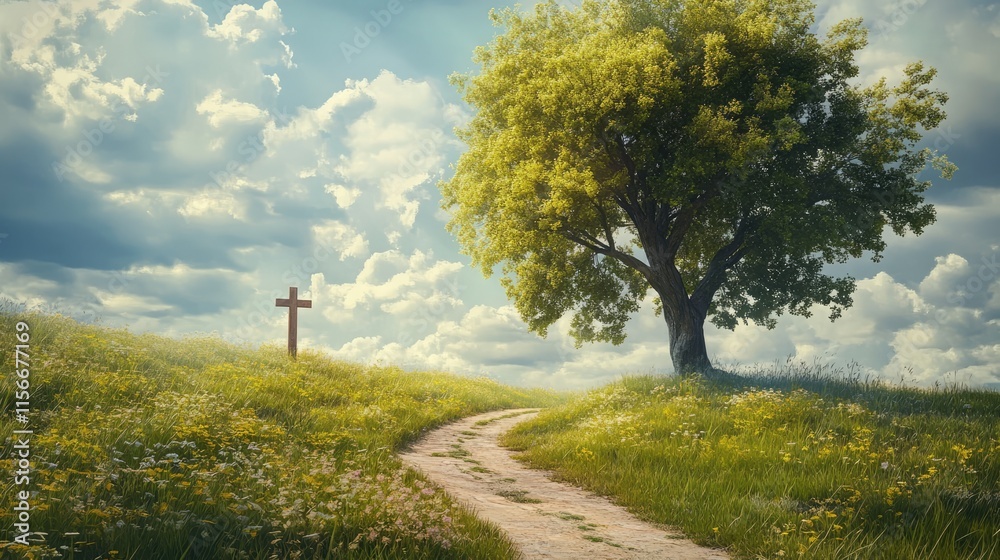 Aufkleber Tree by a dirt path with a field cross surrounded by lush greenery and dramatic sky creating a serene landscape scene.