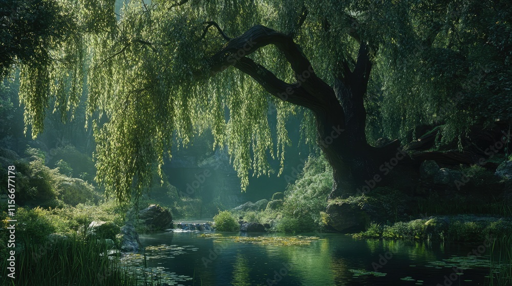 Poster majestic weeping willow tree over serene pond in lush green forest with dappled sunlight creating a 