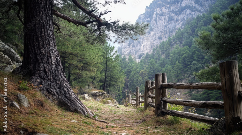 Poster serene forest landscape featuring a textured tree trunk and rustic wooden fence along a natural path