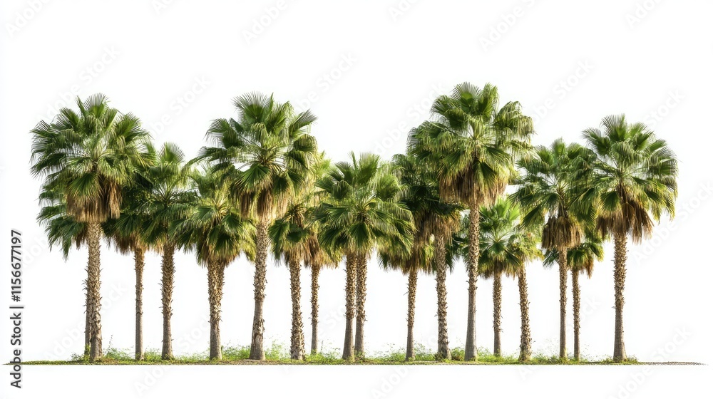 Poster Sugar palm trees in a straight line isolated on a white background creating a tropical and natural visual for design projects.