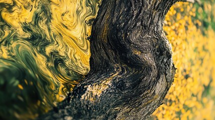 Swirling tree trunk with textured bark surrounded by vibrant green and yellow foliage in a serene park setting.