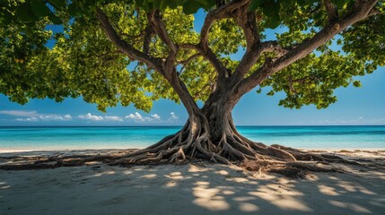 Tree with exposed roots on a tranquil beach creating a serene coastal landscape under a clear blue sky and warm sunlight