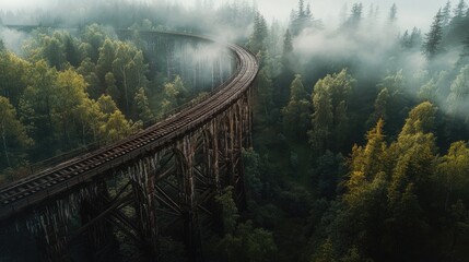 Fototapeta premium Scenic View of Tulip Trestle Viaduct Train Bridge Surrounded by Lush Forest and Foggy Atmosphere